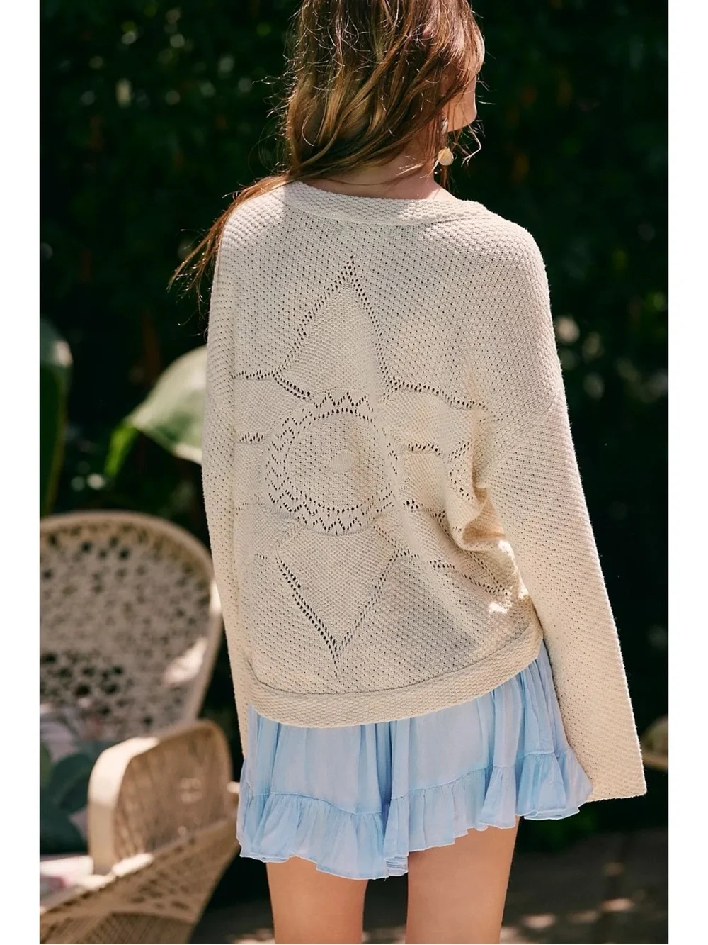 Free People Retro 70s Oversized Sunburst Crochet Pullover Sweater Sand XS NWT